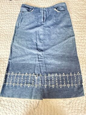 Karen Robertson Chambray Denim Midi Skirt with Embroidered Stylized Hem